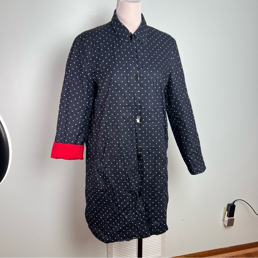 Lauren Ralph Lauren Navy Polka Dot Trench Coat with Red Lining - Picture 3 of 17